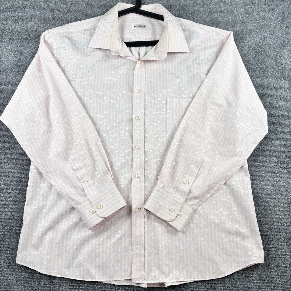 Yvessaint Mens Dress Shirt L Pink White Floral Jacquard Stripe Long Sleeve
